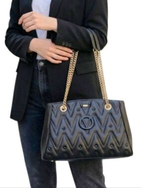 New Valentino By Mario Valentino Black Quilted Bag with Gold Chain